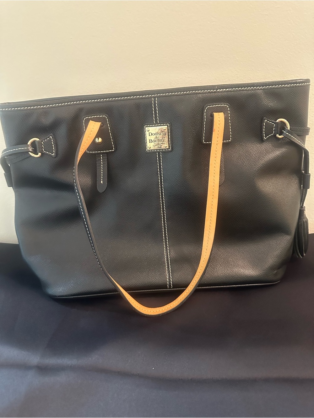 Dooney & Bourke Black Tote with Tan Straps